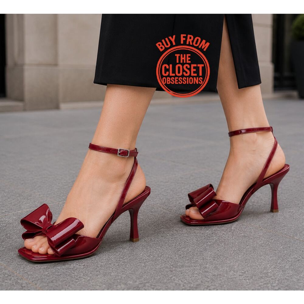 Zara NWT Red Patent Bow Strappy High Heel Sandals Size 8 - Picture 2 of 16
